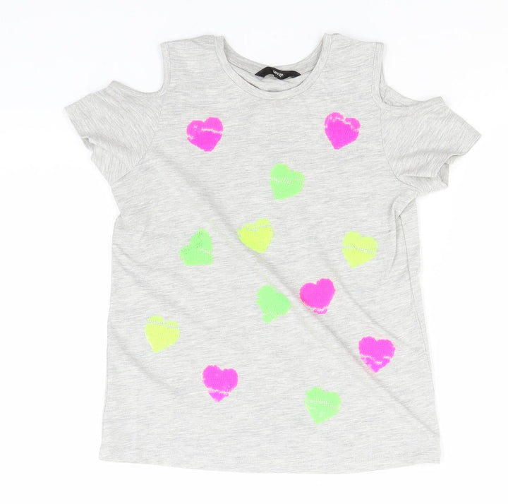 George Girls Grey  Cotton Basic T-Shirt Size 7-8 Years Round Neck  - Hearts