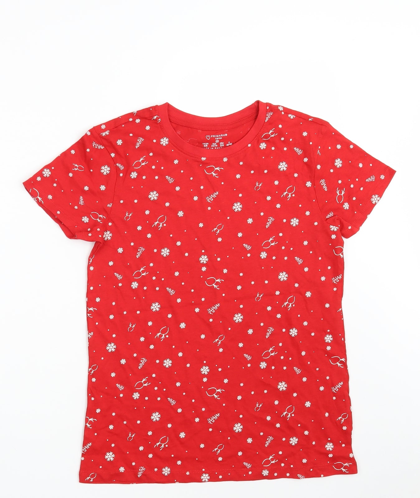 Primark Womens Red Floral 100% Cotton Basic T-Shirt Size 6 Round Neck - Seasonal Christmas Festive Holiday