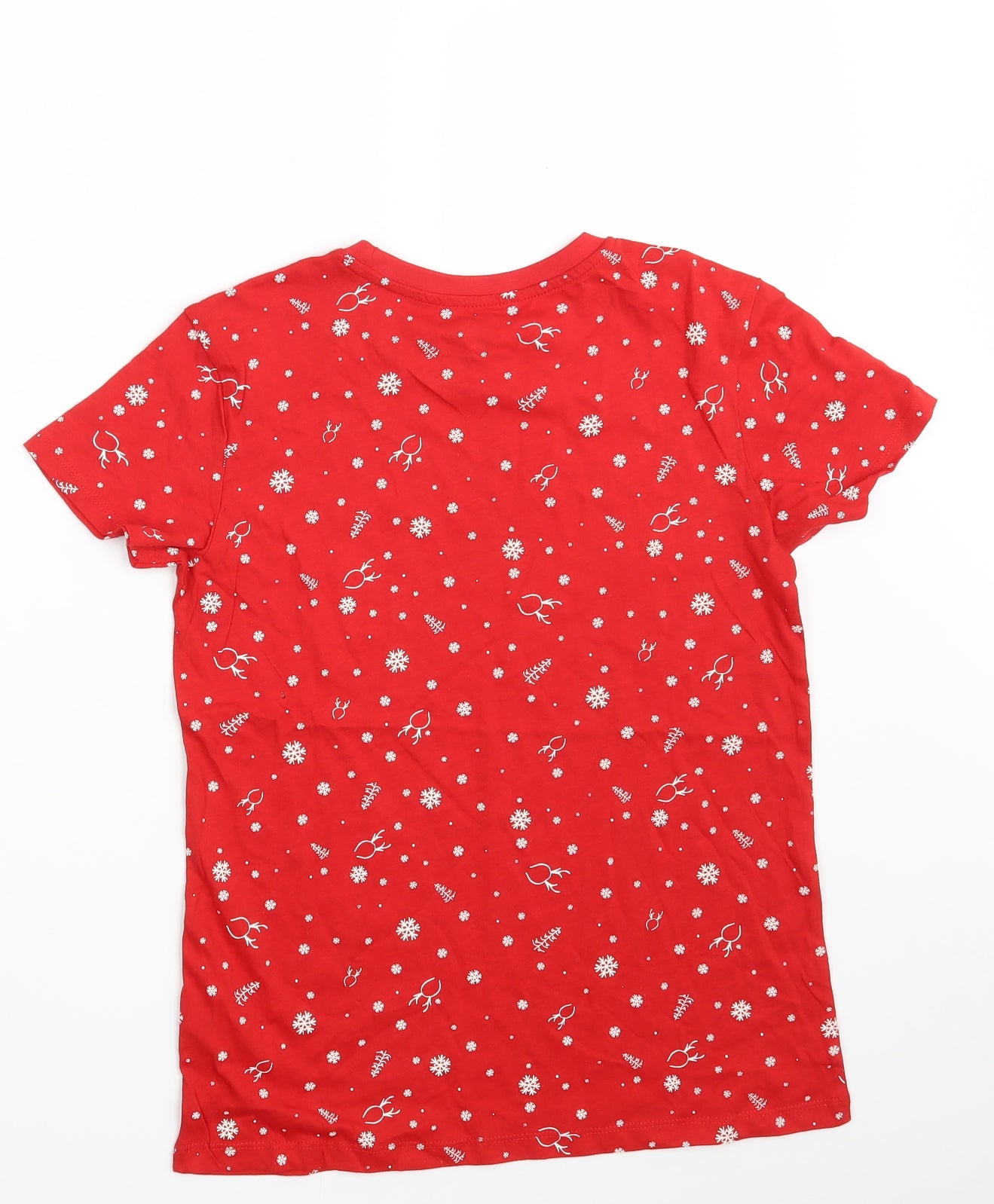 Primark Womens Red Floral 100% Cotton Basic T-Shirt Size 6 Round Neck - Seasonal Christmas Festive Holiday