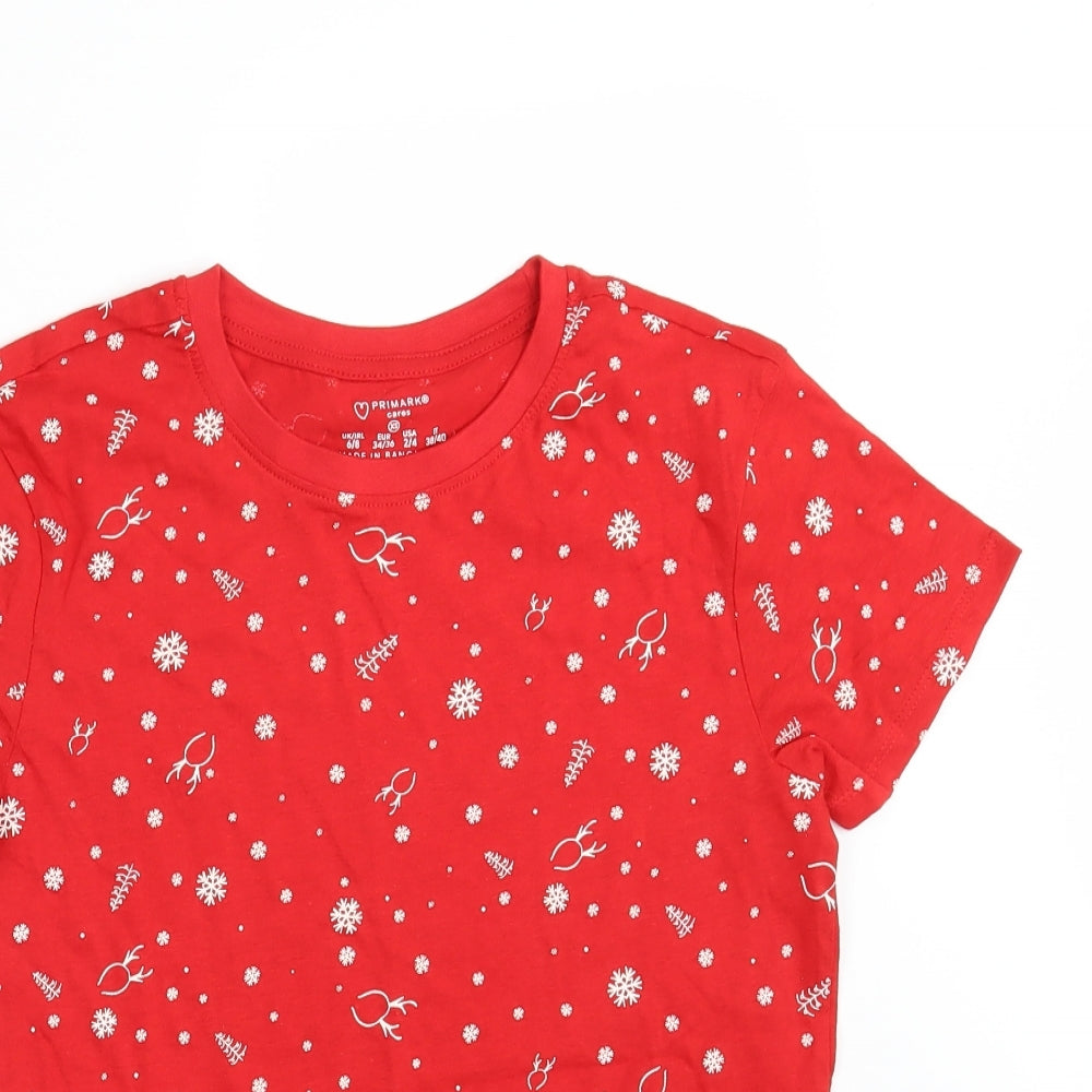 Primark Womens Red Floral 100% Cotton Basic T-Shirt Size 6 Round Neck - Seasonal Christmas Festive Holiday