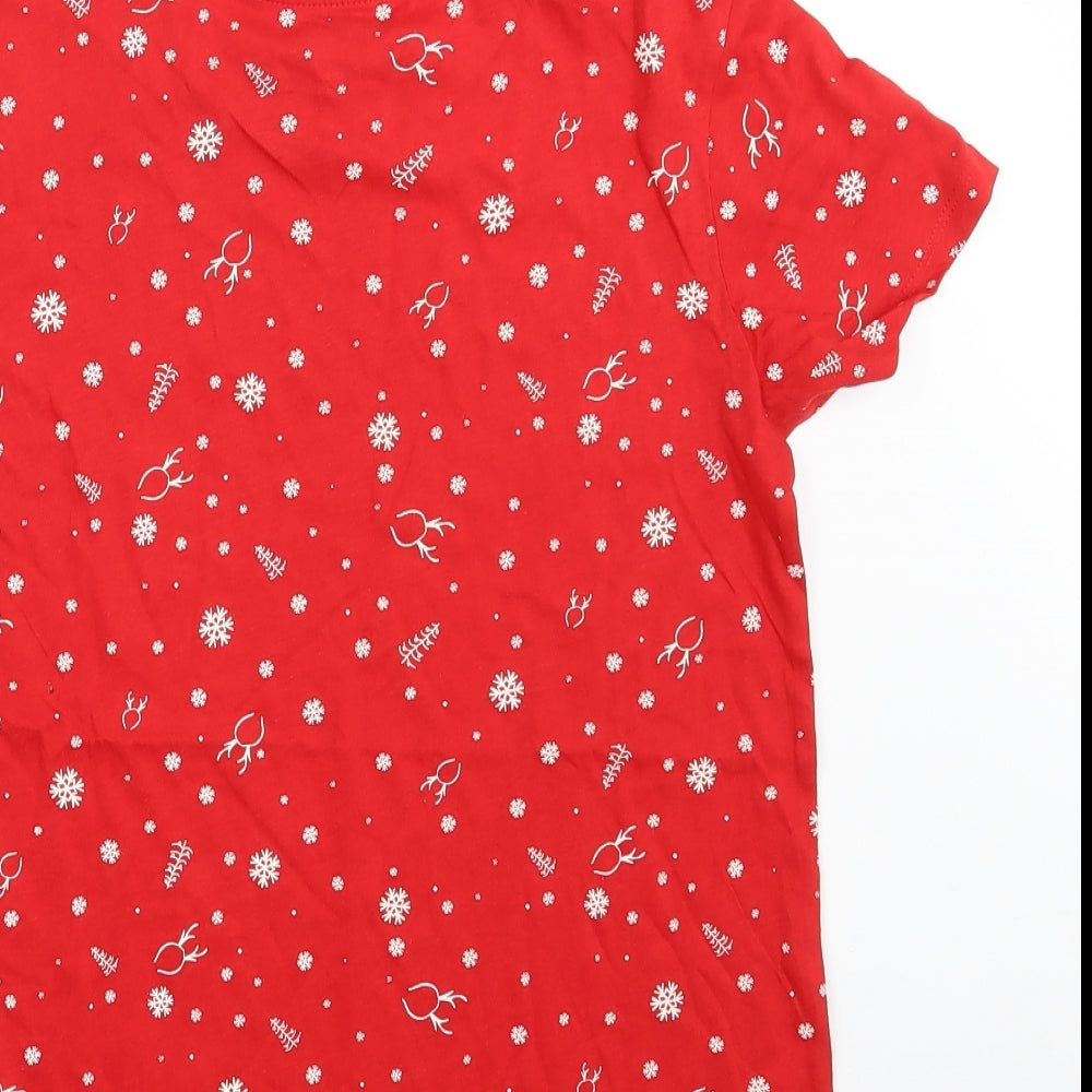 Primark Womens Red Floral 100% Cotton Basic T-Shirt Size 6 Round Neck - Seasonal Christmas Festive Holiday