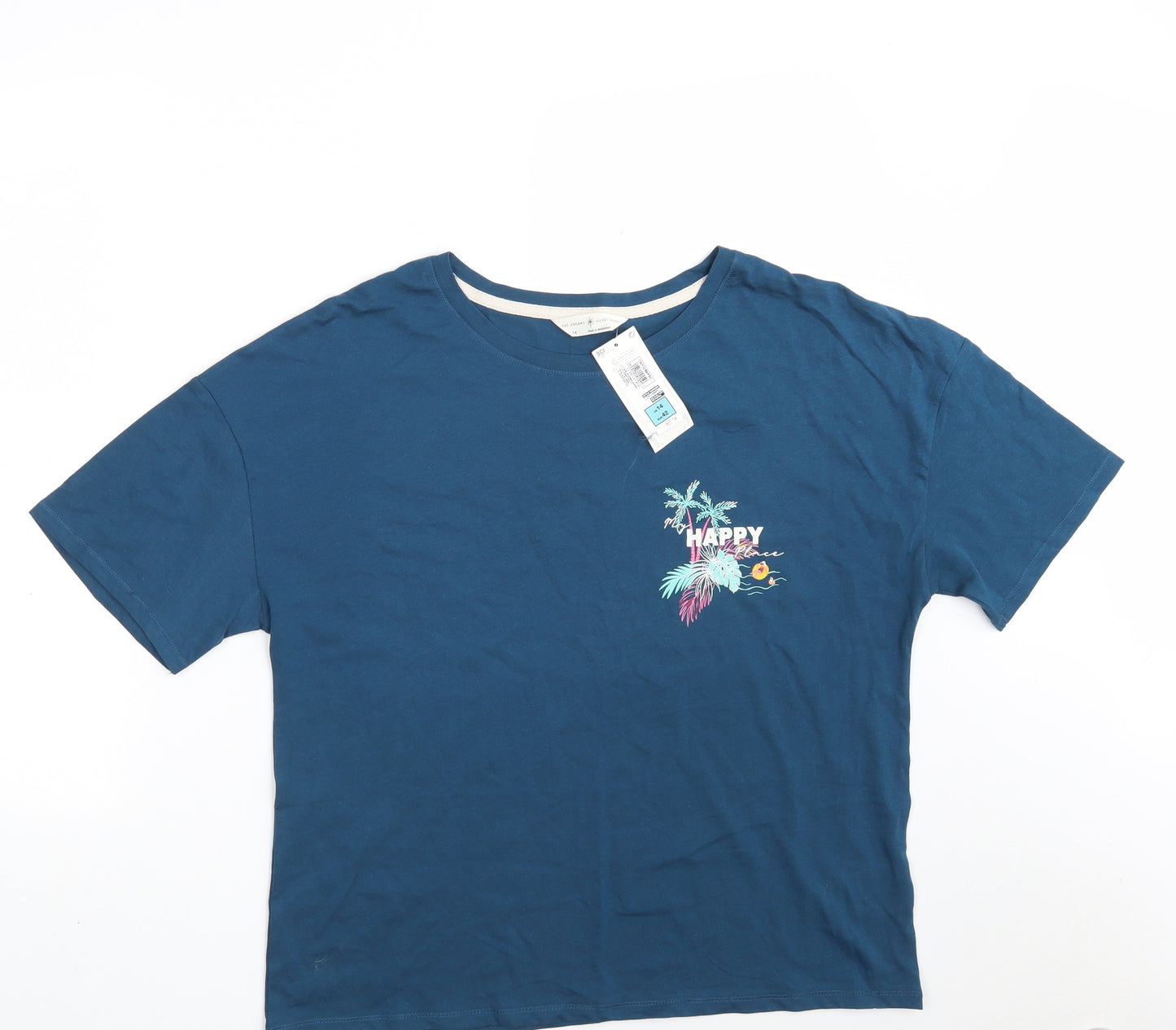 M&S Womens Blue  100% Cotton Basic T-Shirt Size 14 Round Neck - Lounge Wear