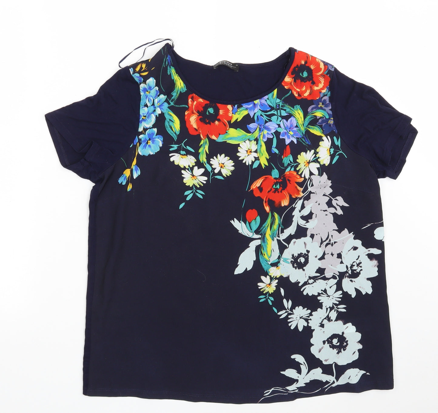Papaya Womens Blue Floral Polyester Basic T-Shirt Size 14 Round Neck