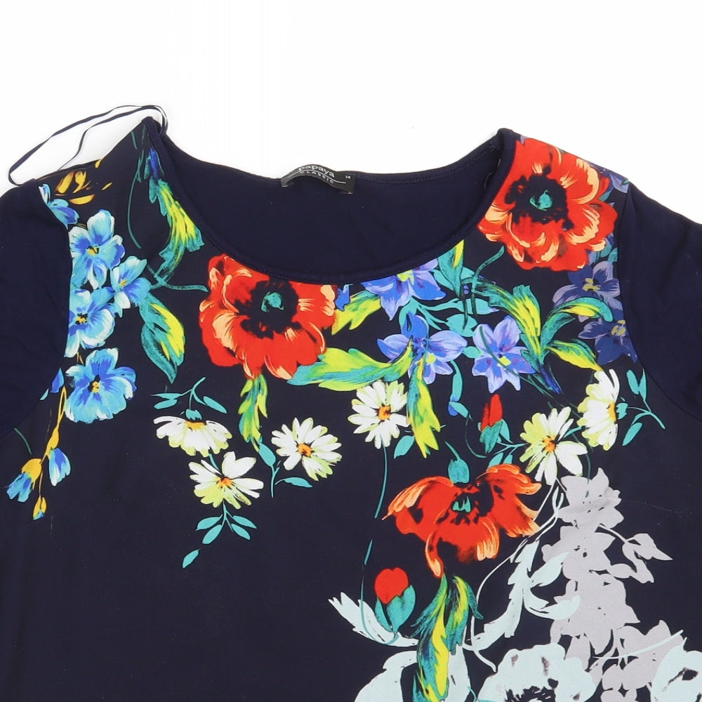 Papaya Womens Blue Floral Polyester Basic T-Shirt Size 14 Round Neck