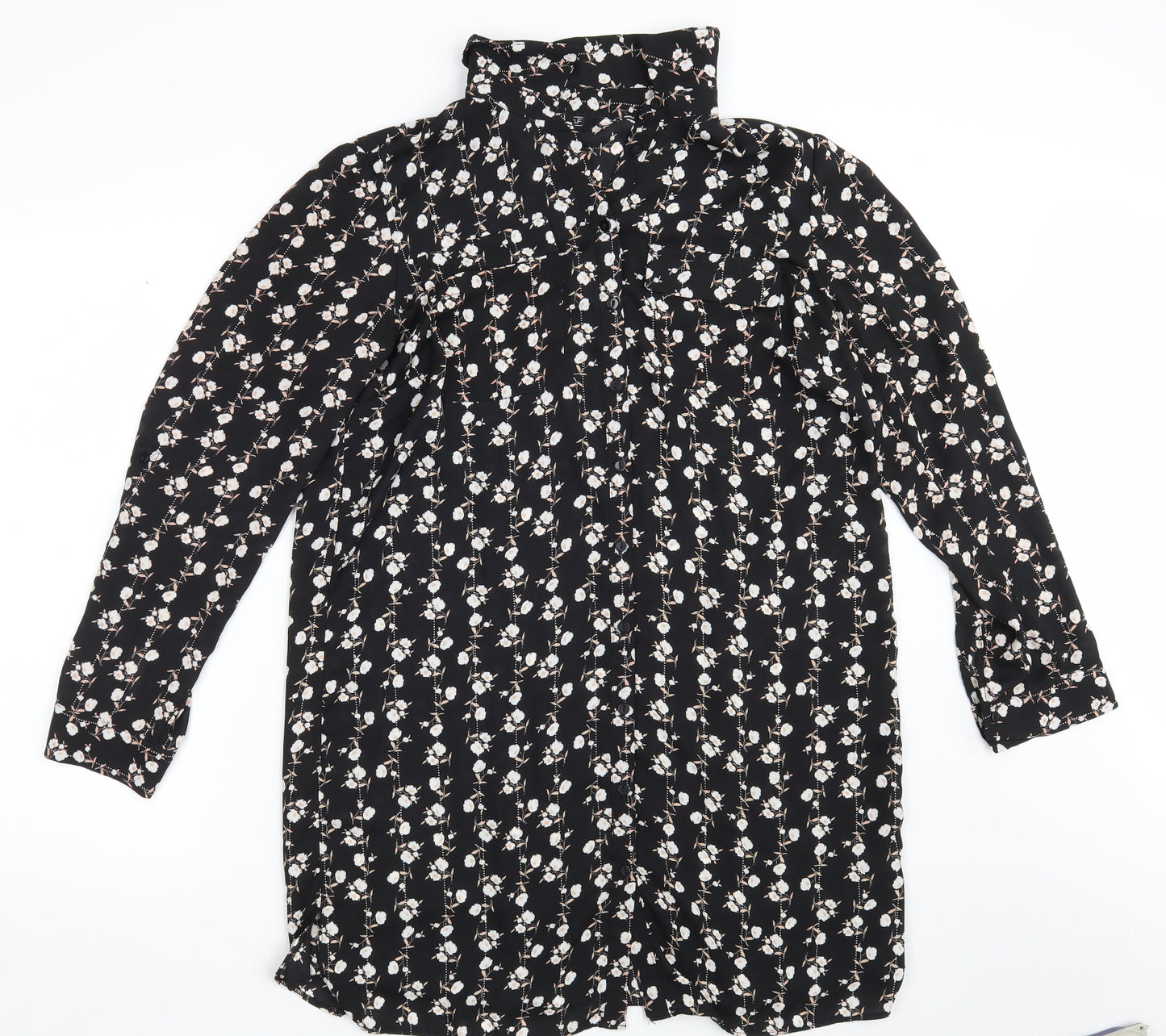 F&F Womens Black Floral Polyester Shirt Dress  Size 14  Collared Button