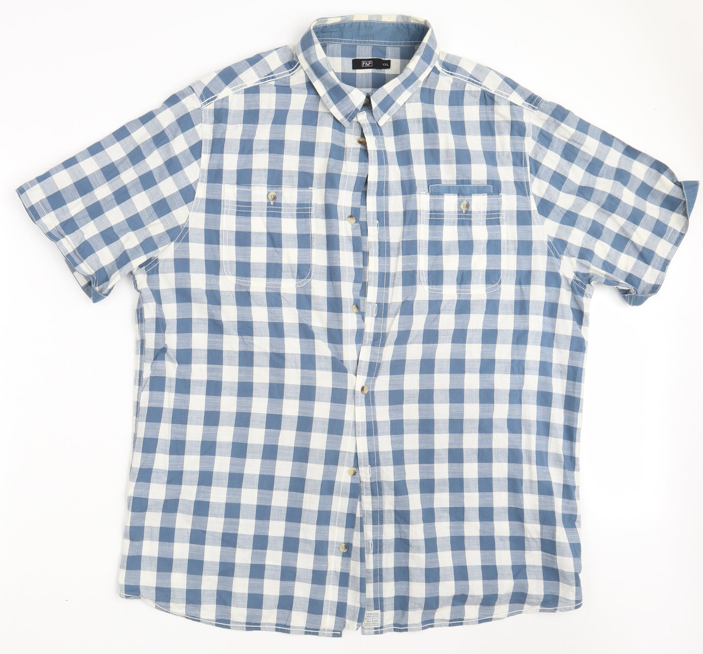 F&F Mens Blue Check Cotton  Button-Up Size 2XL Collared Button