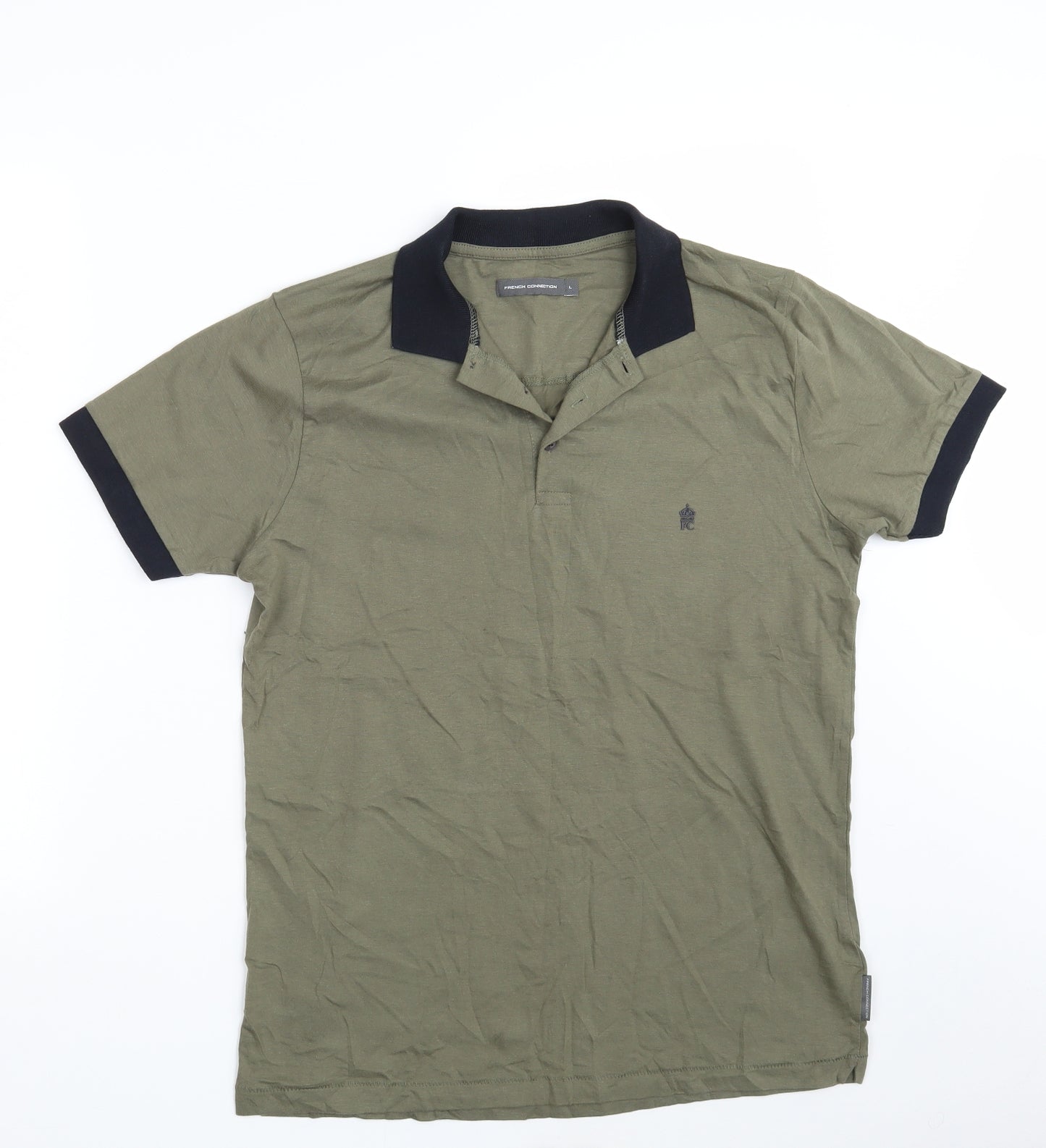 French Connection Mens Green  100% Cotton  Polo Size L Collared Button