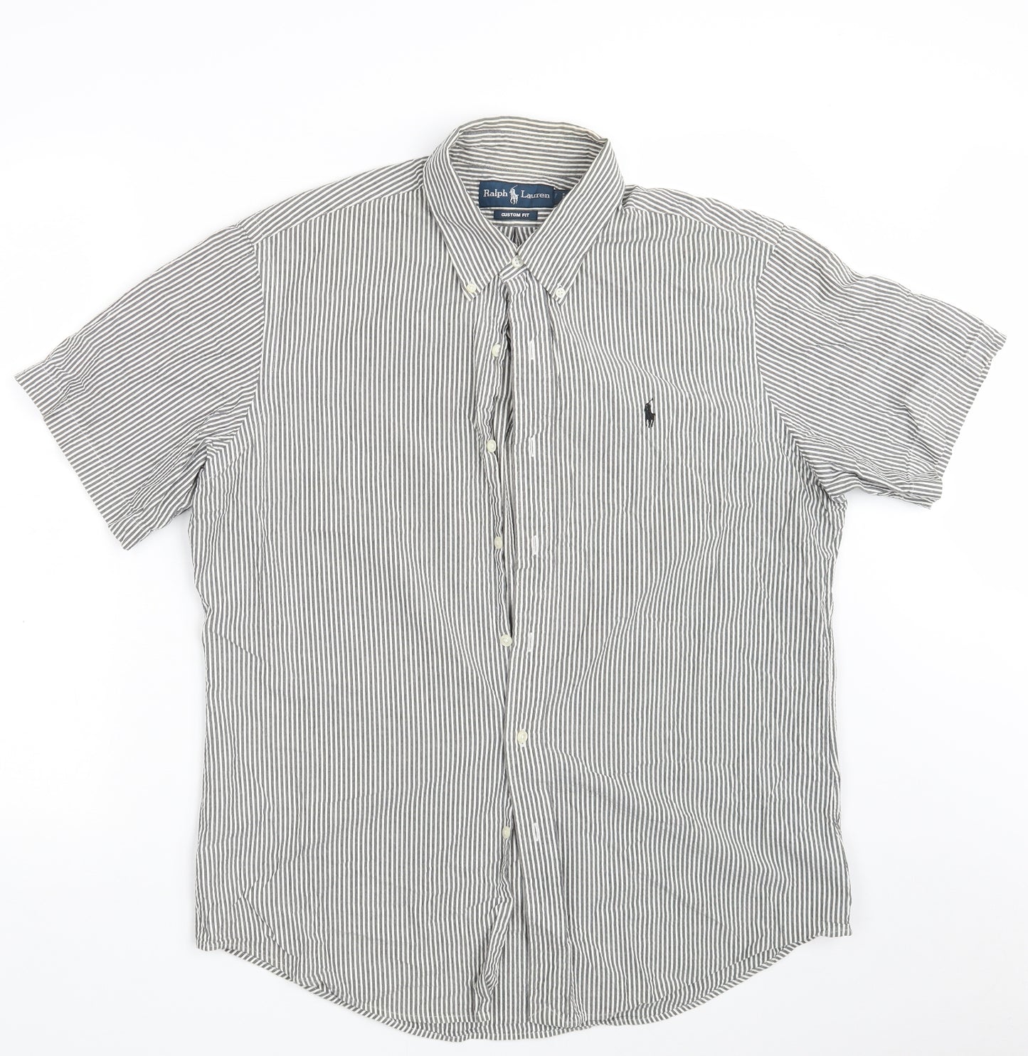Polo Ralph Lauren` Mens Green Striped Cotton  Button-Up Size L Collared Button - Custom Fit