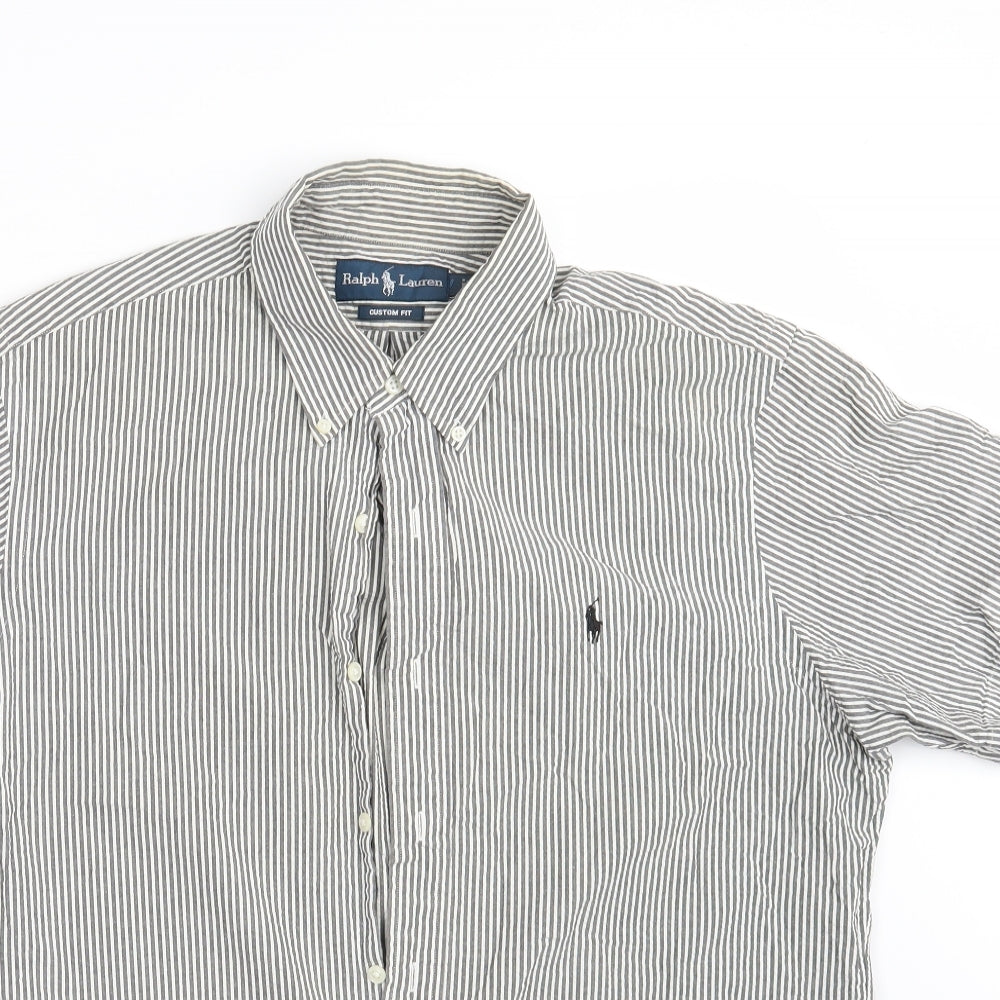 Polo Ralph Lauren` Mens Green Striped Cotton  Button-Up Size L Collared Button - Custom Fit