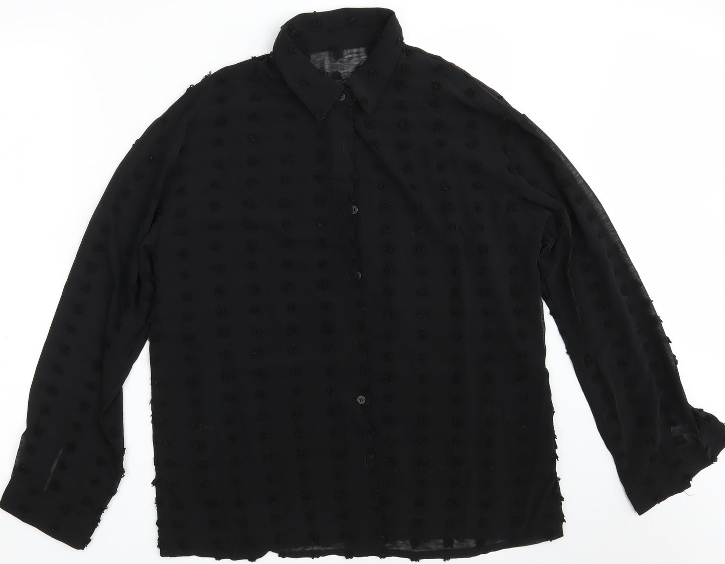 Preworn Womens Black Polka Dot Polyester Basic Button-Up Size L Collared