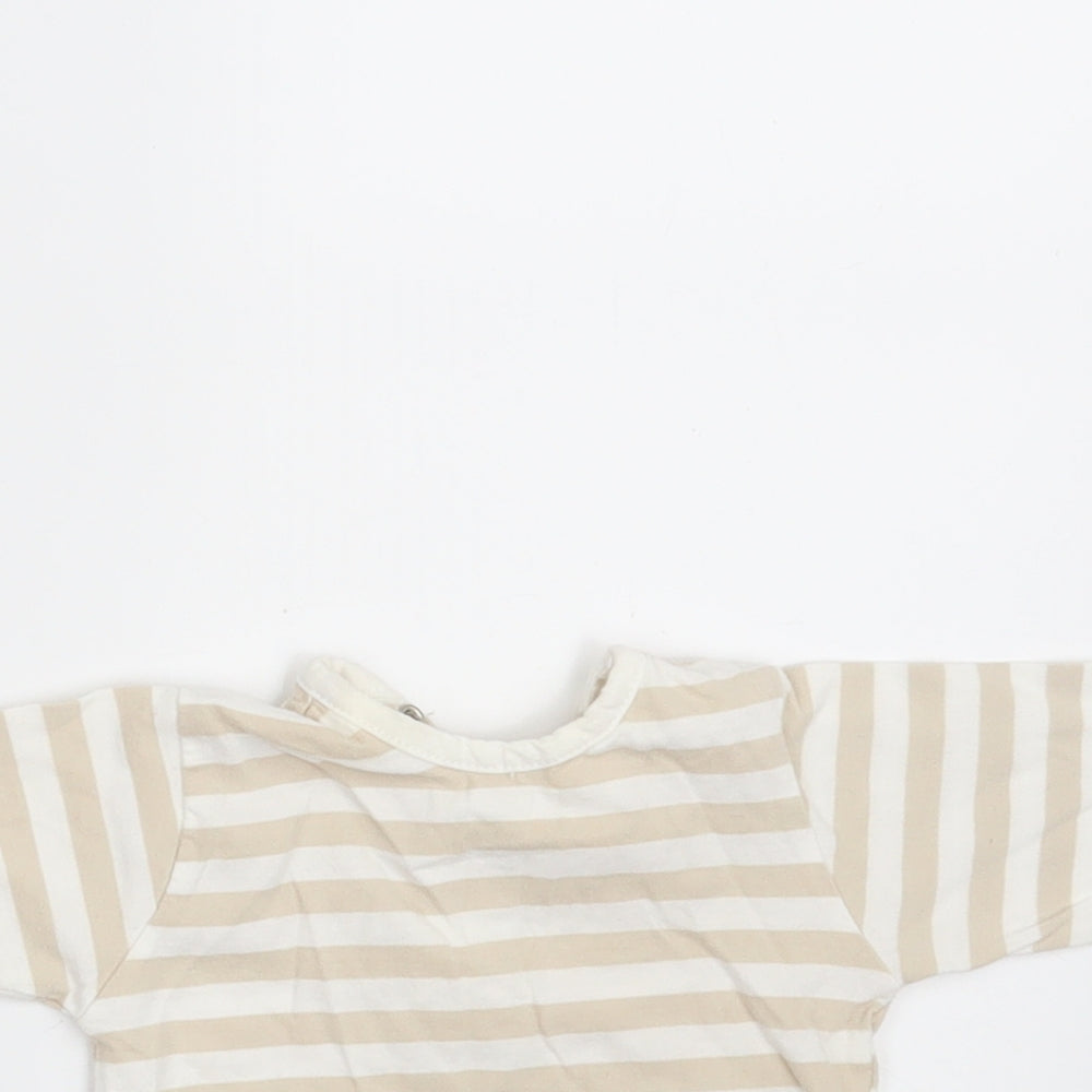 Baby Baby Beige Striped 100% Cotton Basic T-Shirt Size 0-3 Months Round Neck Button