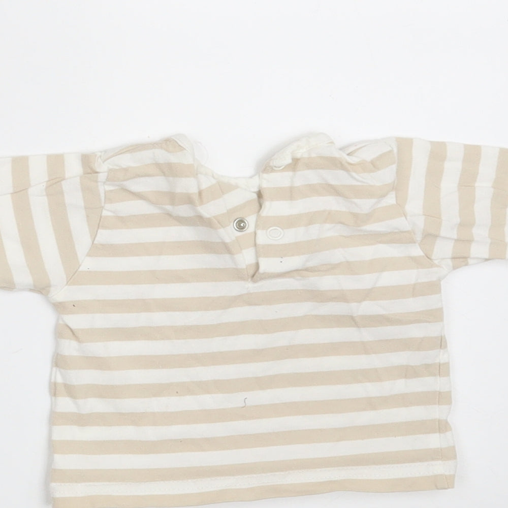 Baby Baby Beige Striped 100% Cotton Basic T-Shirt Size 0-3 Months Round Neck Button