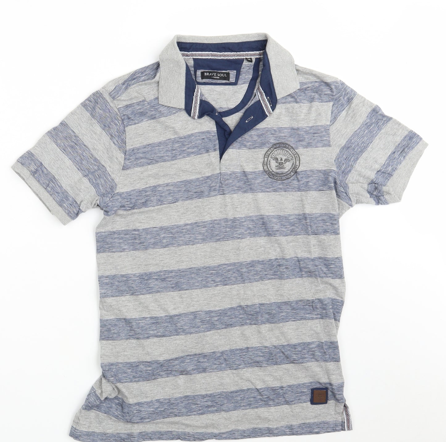 Brave Soul Mens Grey Striped Cotton  Polo Size M Collared Button