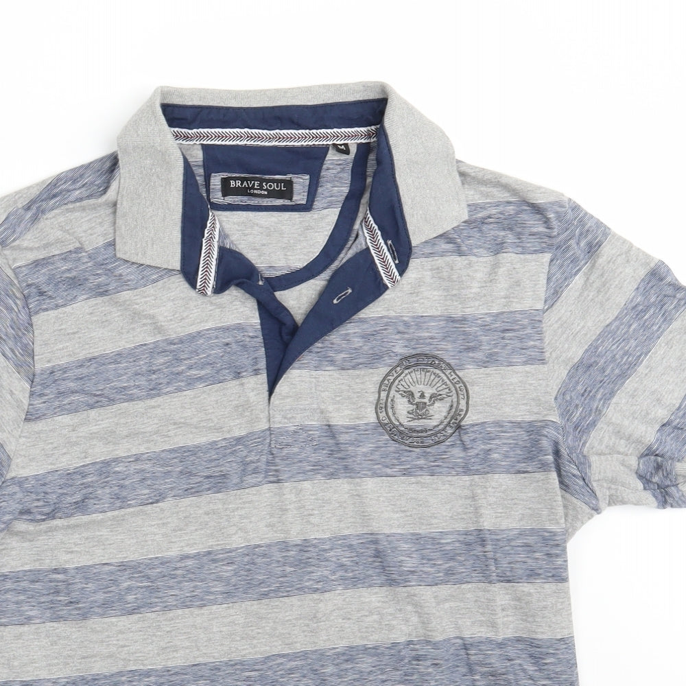 Brave Soul Mens Grey Striped Cotton  Polo Size M Collared Button