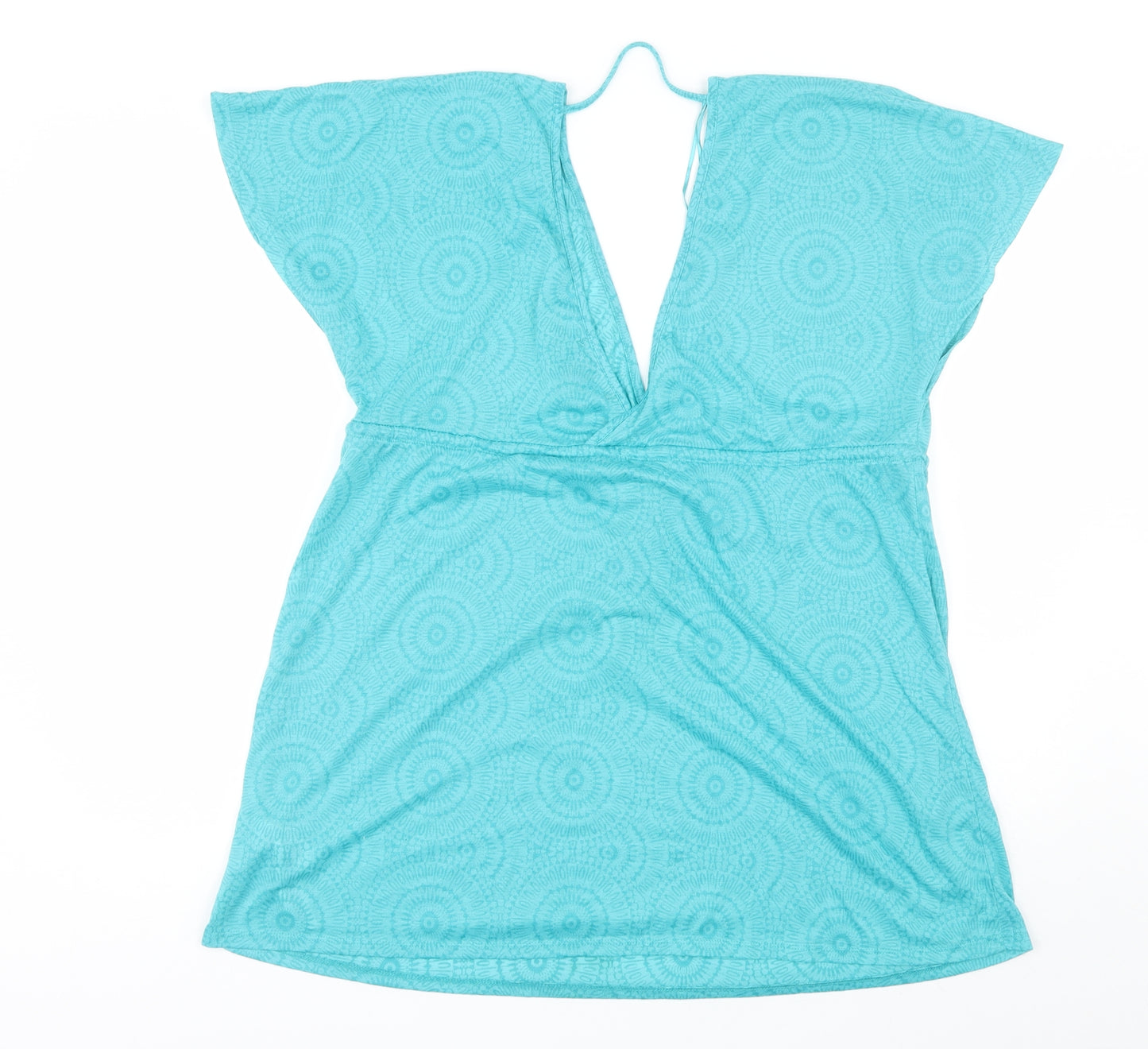 Primark Womens Blue Geometric Cotton Blend Basic Blouse Size M V-Neck