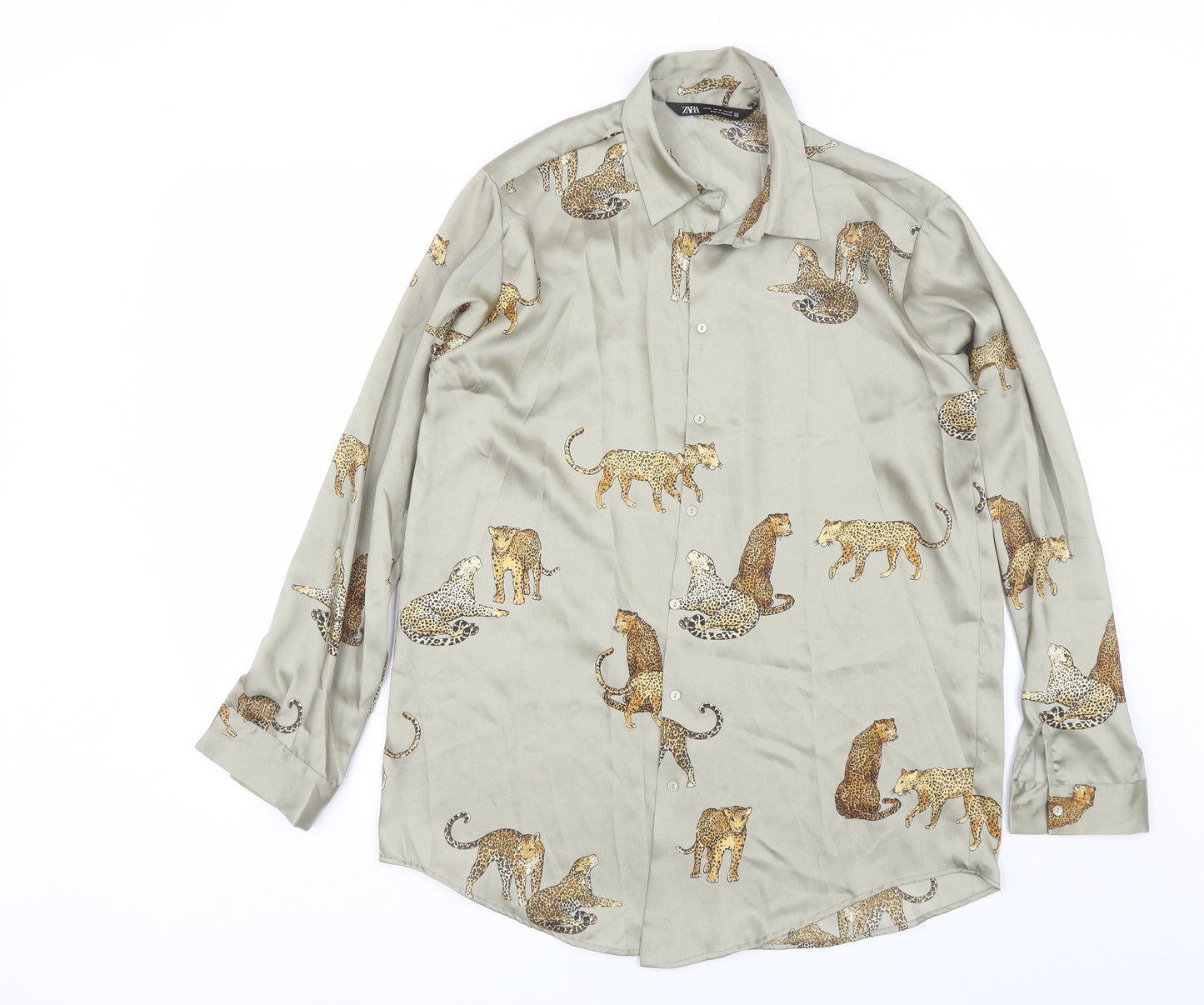 Zara Womens Green  Polyester Basic Button-Up Size M Collared - Cheetah