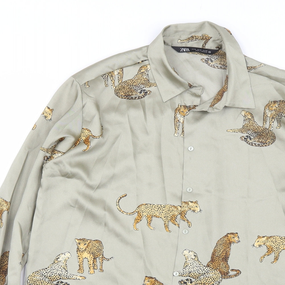 Zara Womens Green  Polyester Basic Button-Up Size M Collared - Cheetah