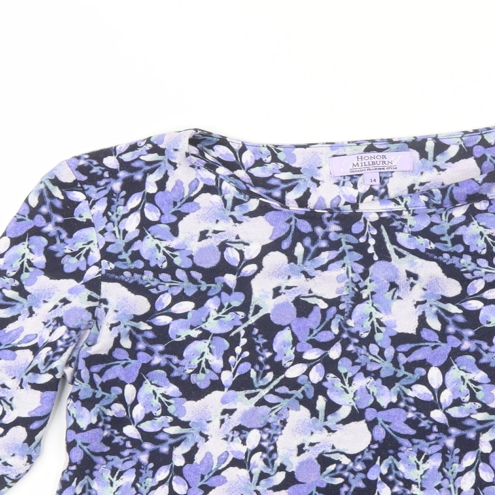 Honor Millburn Womens Purple Floral Polyester Basic Blouse Size 14 Round Neck