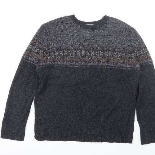 TU Mens Grey Round Neck Fair Isle Acrylic Pullover Jumper Size L