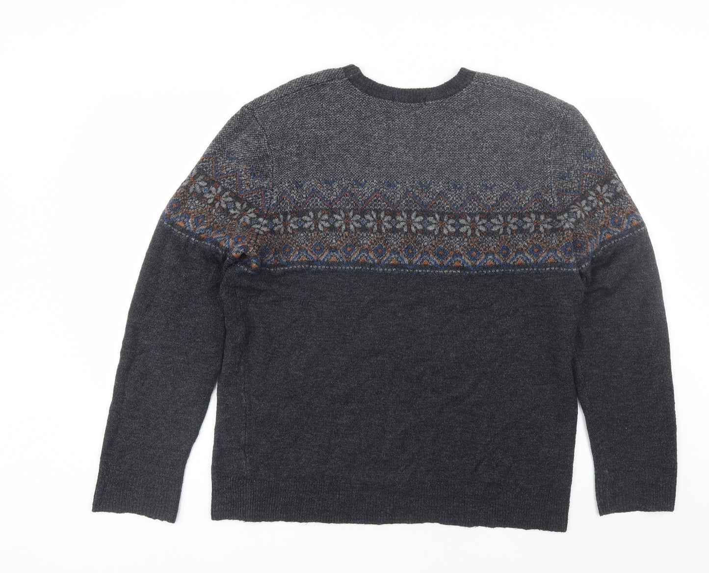 TU Mens Grey Round Neck Fair Isle Acrylic Pullover Jumper Size L