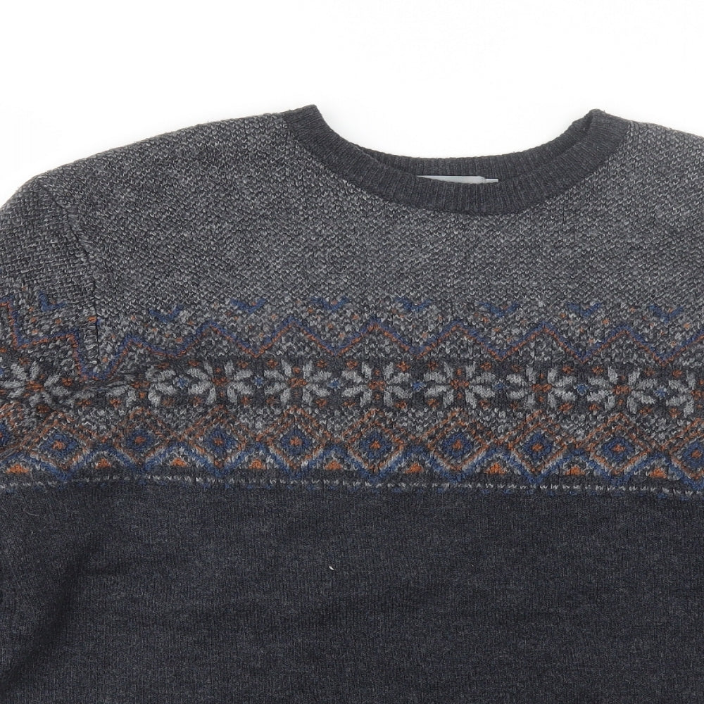 TU Mens Grey Round Neck Fair Isle Acrylic Pullover Jumper Size L