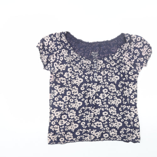 Peacocks Womens Blue Floral Cotton Basic Blouse Size 14 Round Neck