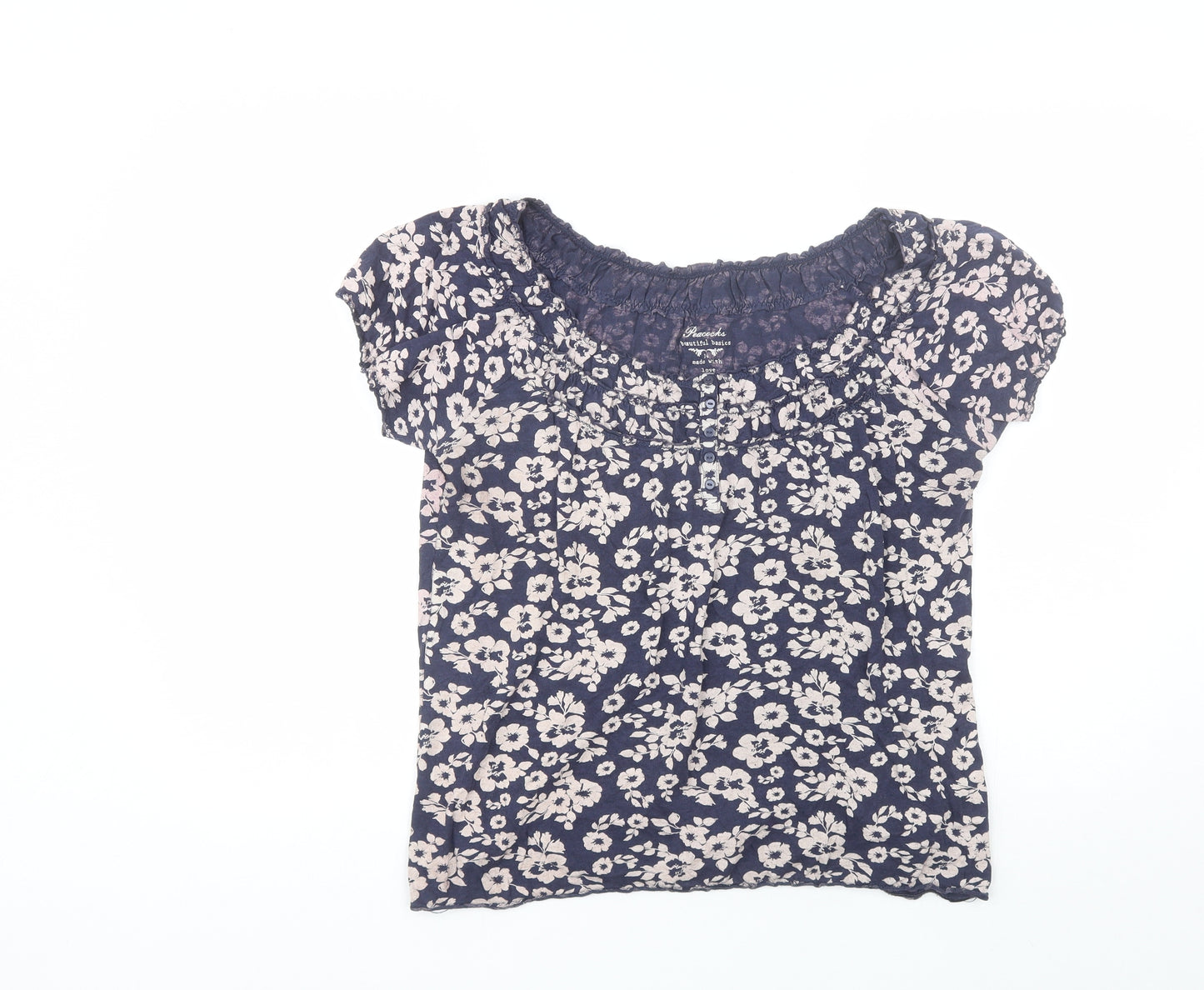 Peacocks Womens Blue Floral Cotton Basic Blouse Size 14 Round Neck