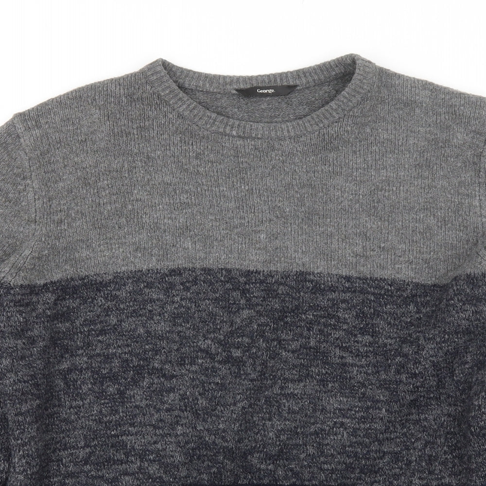 George Mens Blue Round Neck Striped Acrylic Pullover Jumper Size L