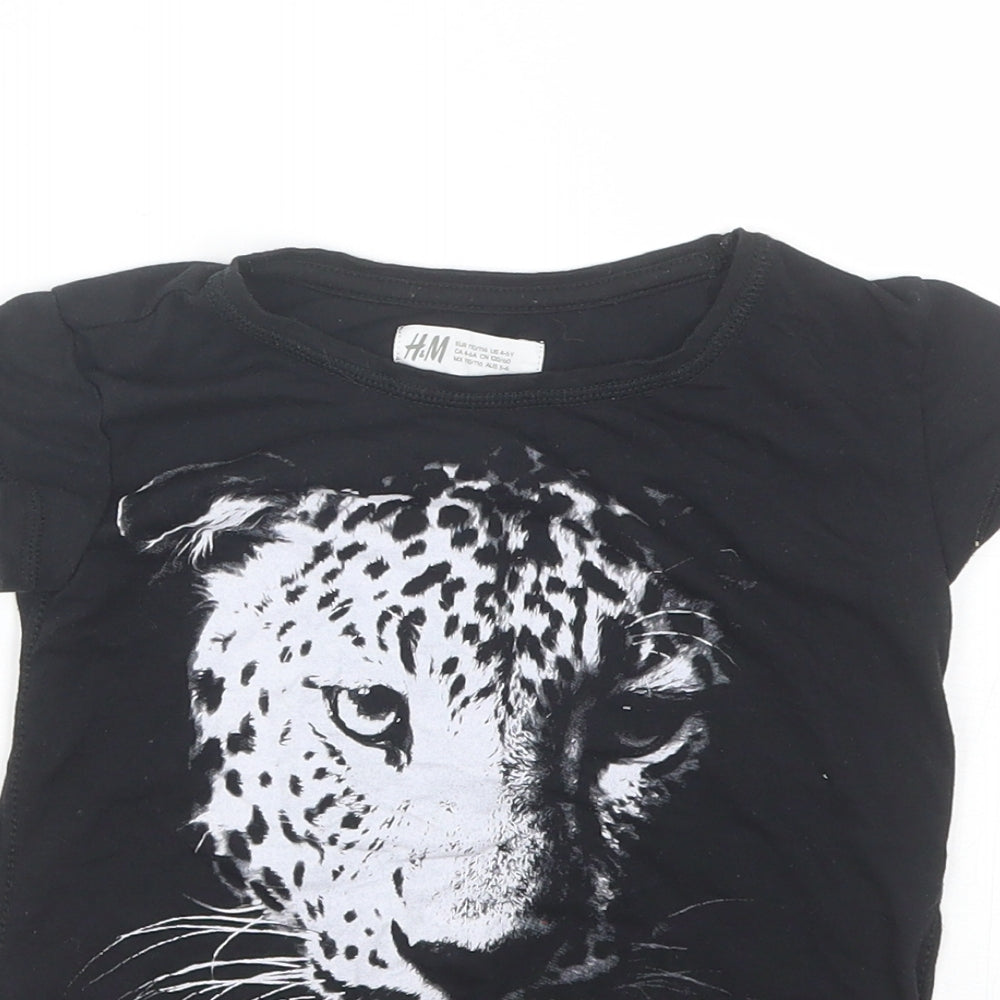 H&M Girls Black  Polyester Basic T-Shirt Size 5-6 Years Round Neck