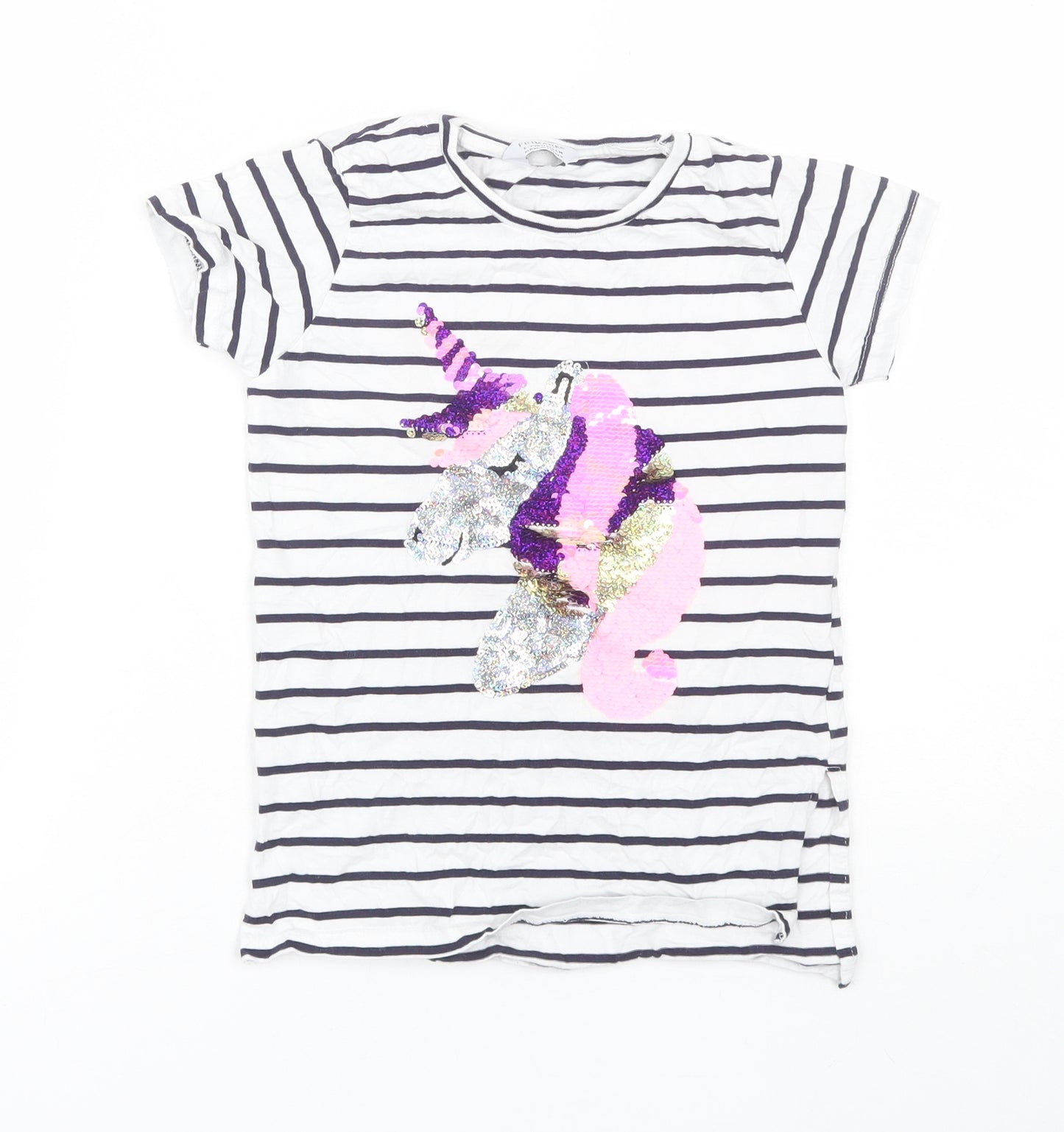 Primark Girls White Striped Cotton Basic T-Shirt Size 6-7 Years Round Neck  - Unicorn