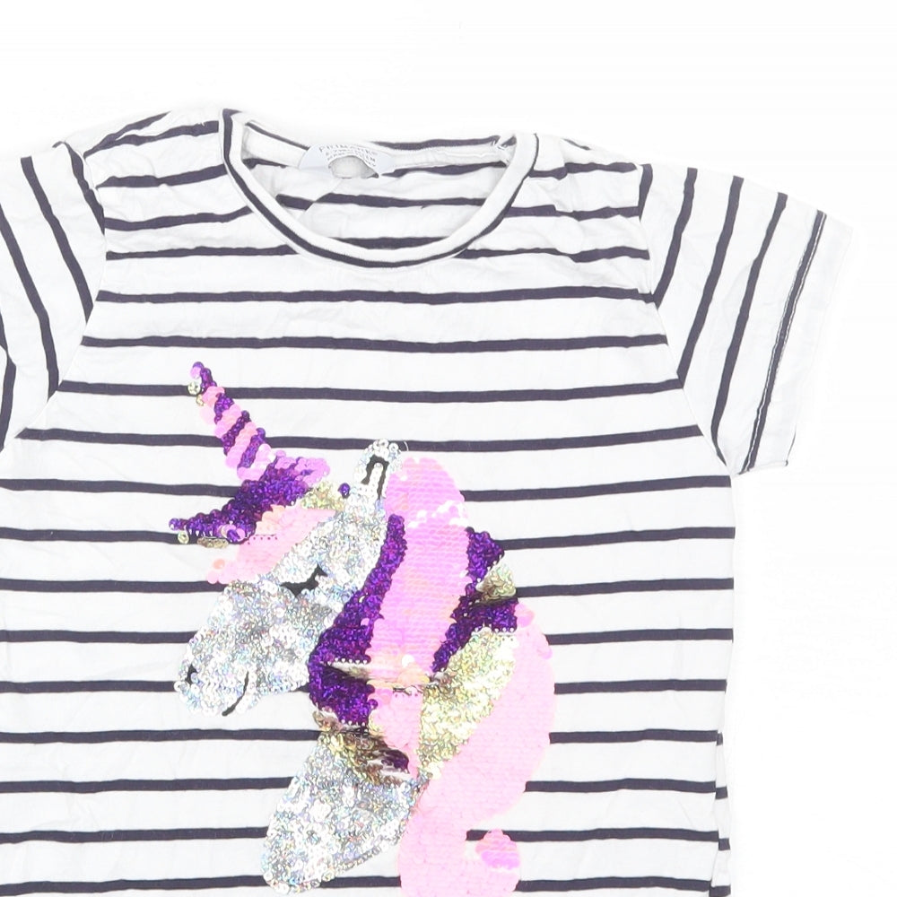 Primark Girls White Striped Cotton Basic T-Shirt Size 6-7 Years Round Neck  - Unicorn