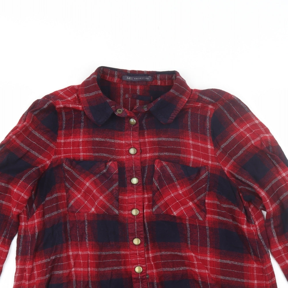 Marks and Spencer Womens Red Plaid Viscose Basic Button-Up Size 14 Collared