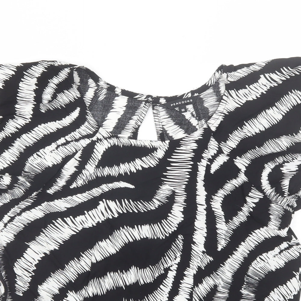 Peacocks Womens Black Animal Print Viscose Basic Blouse Size 10 Round Neck