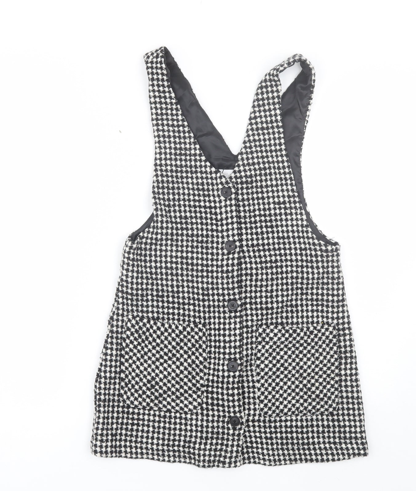 Zara Girls Black Check Cotton Pinafore/Dungaree Dress  Size 11-12 Years  V-Neck