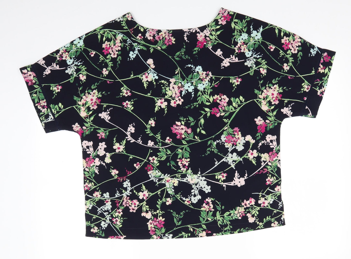 Marks and Spencer Womens Blue Floral Polyester Basic Blouse Size 12 V-Neck - Pink Flowers