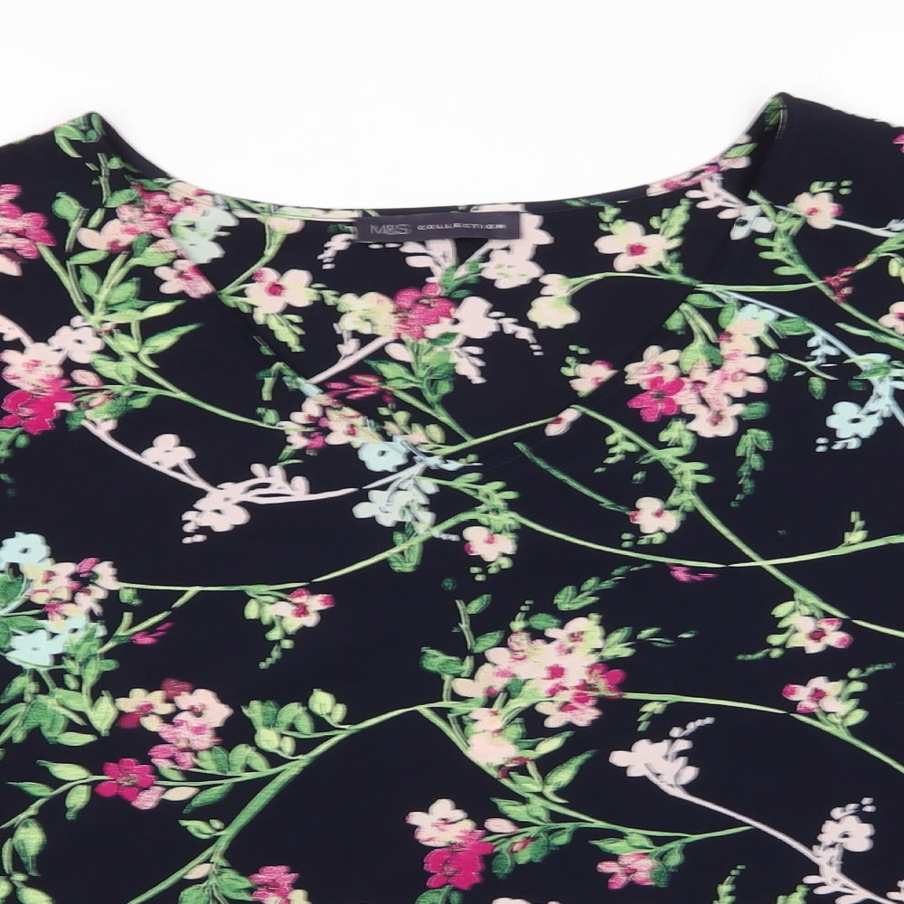 Marks and Spencer Womens Blue Floral Polyester Basic Blouse Size 12 V-Neck - Pink Flowers