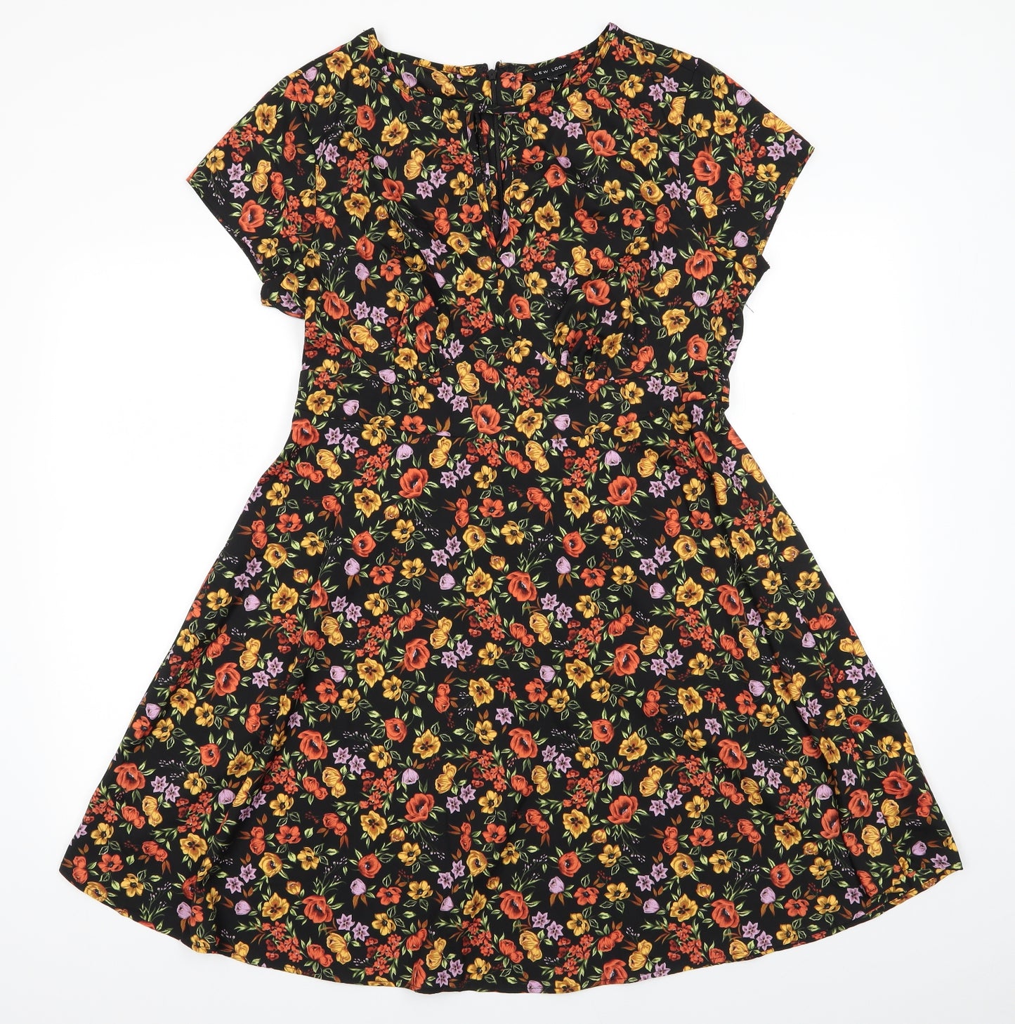 New Look Womens Black Floral Polyester Fit & Flare  Size 14  Round Neck  - Keyhole Front Neck Orange Yellow Pink Flowers