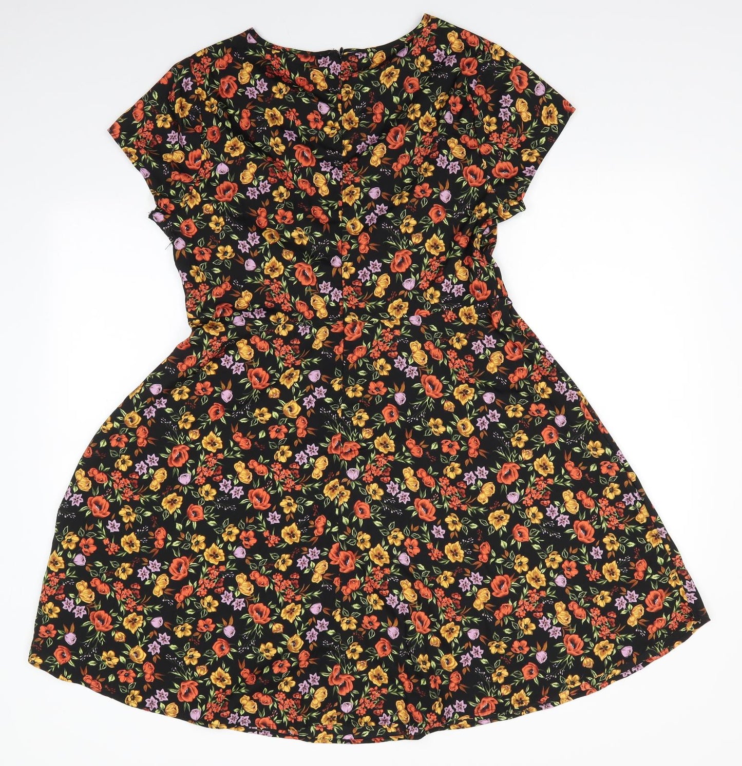 New Look Womens Black Floral Polyester Fit & Flare  Size 14  Round Neck  - Keyhole Front Neck Orange Yellow Pink Flowers