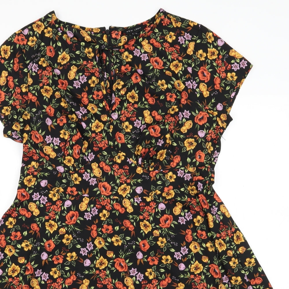 New Look Womens Black Floral Polyester Fit & Flare  Size 14  Round Neck  - Keyhole Front Neck Orange Yellow Pink Flowers