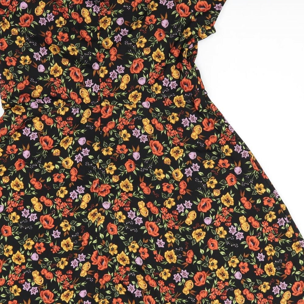 New Look Womens Black Floral Polyester Fit & Flare  Size 14  Round Neck  - Keyhole Front Neck Orange Yellow Pink Flowers