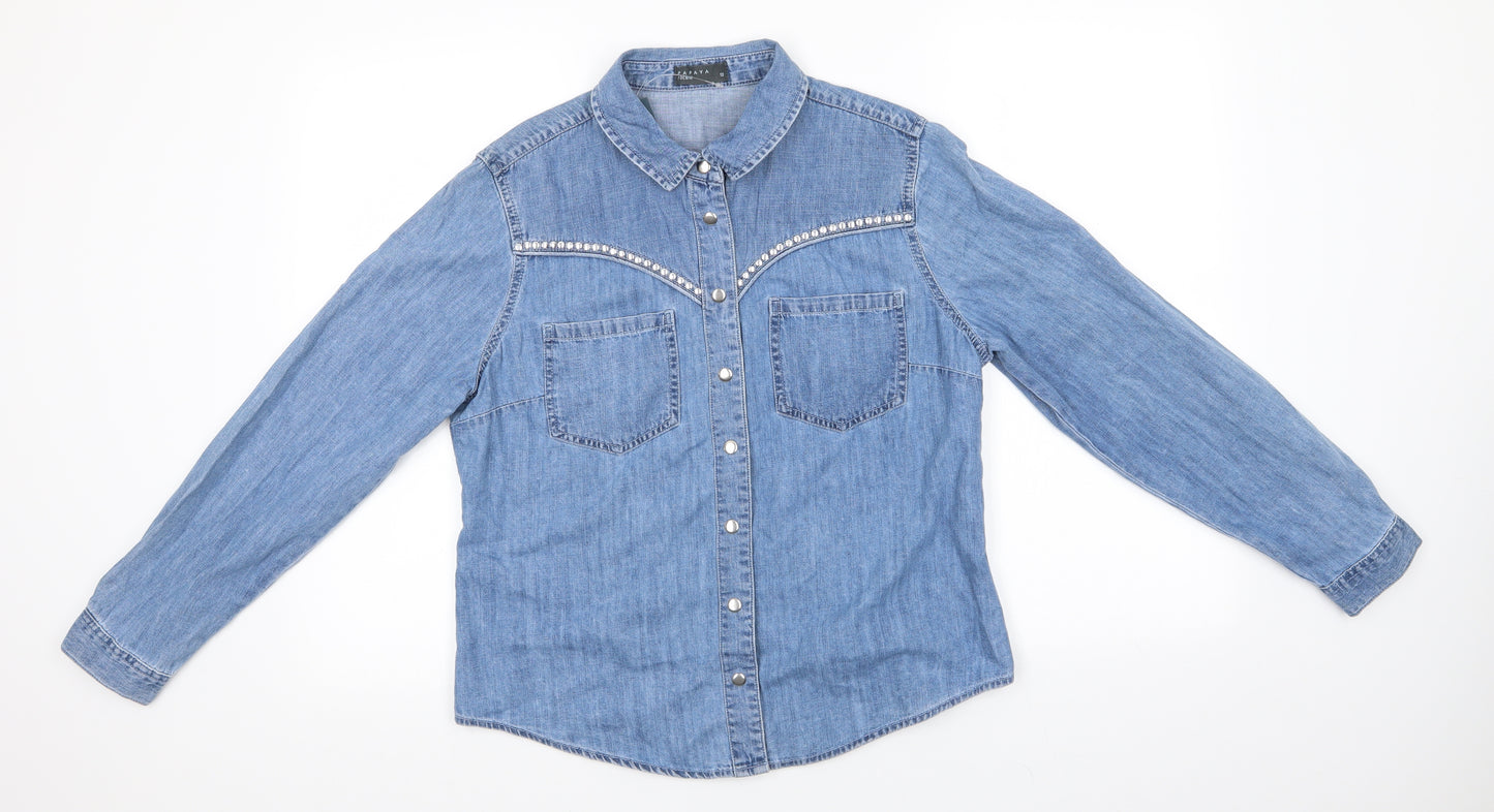Papaya Womens Blue  Cotton Basic Button-Up Size 12 Collared - Studded Denim Shirt