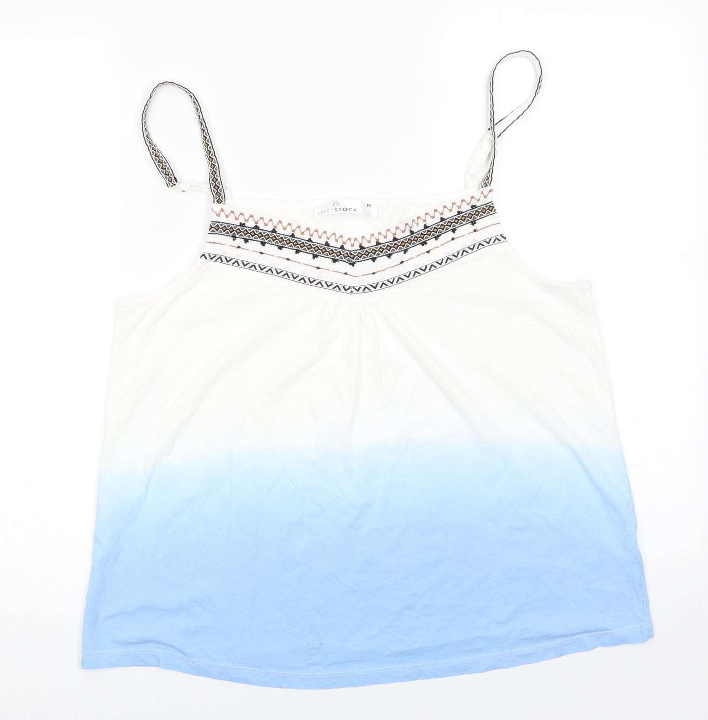 LostStock Womens White Striped Cotton Camisole Blouse Size M Round Neck - White fading to Light blue