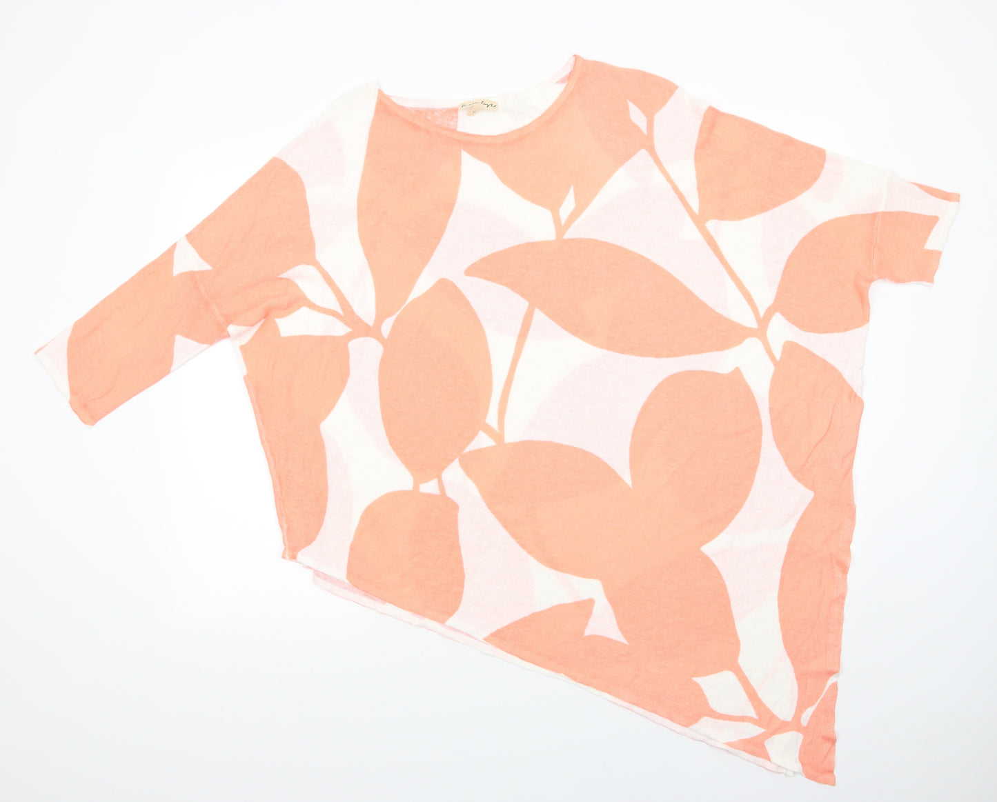 Phase Eight Womens Orange Floral Linen Blend Basic Blouse Size L Round Neck - Diagonally cut hem One long one short sleeve