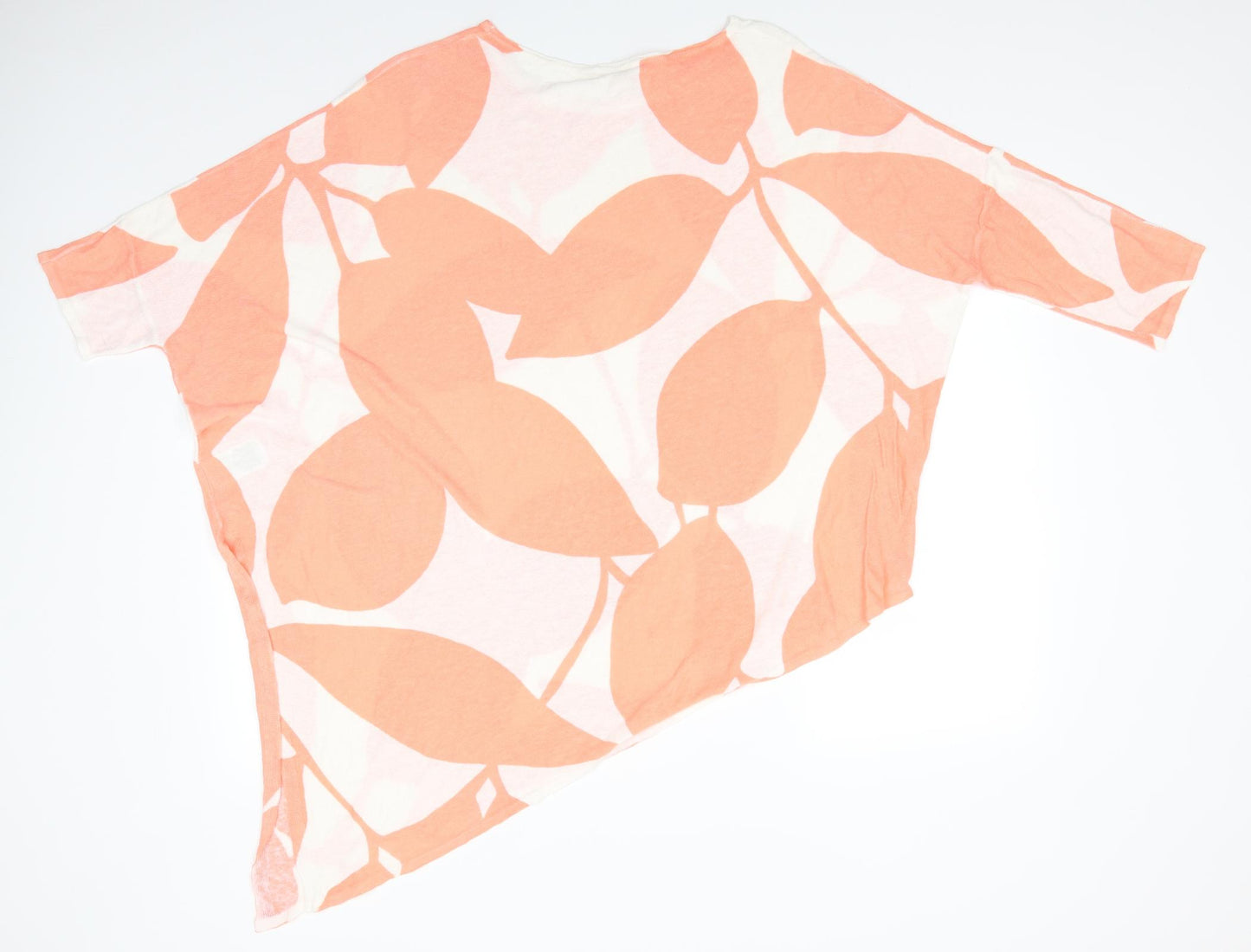 Phase Eight Womens Orange Floral Linen Blend Basic Blouse Size L Round Neck - Diagonally cut hem One long one short sleeve