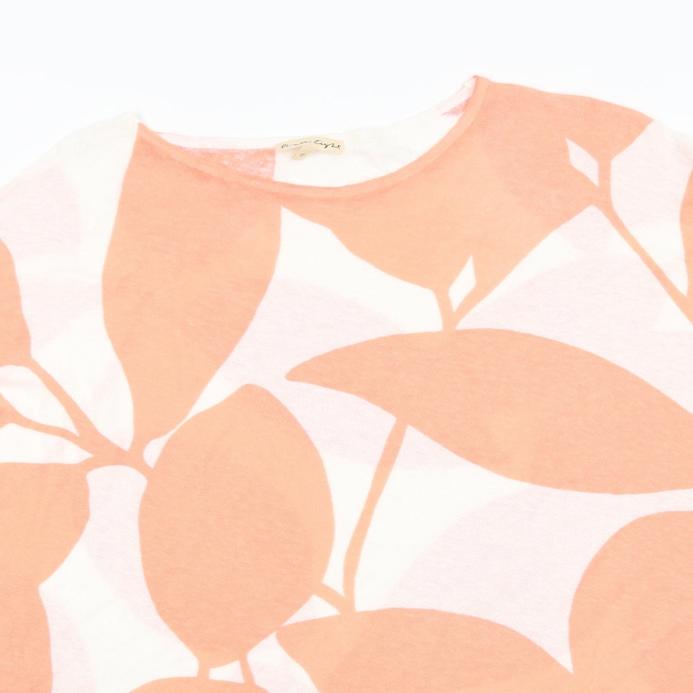 Phase Eight Womens Orange Floral Linen Blend Basic Blouse Size L Round Neck - Diagonally cut hem One long one short sleeve