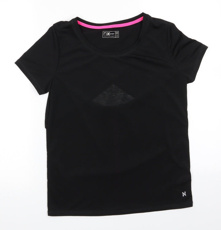 NX Sport Womens Black Polyester Basic T-Shirt Size 8 Round Neck - Open back Semi-sheer