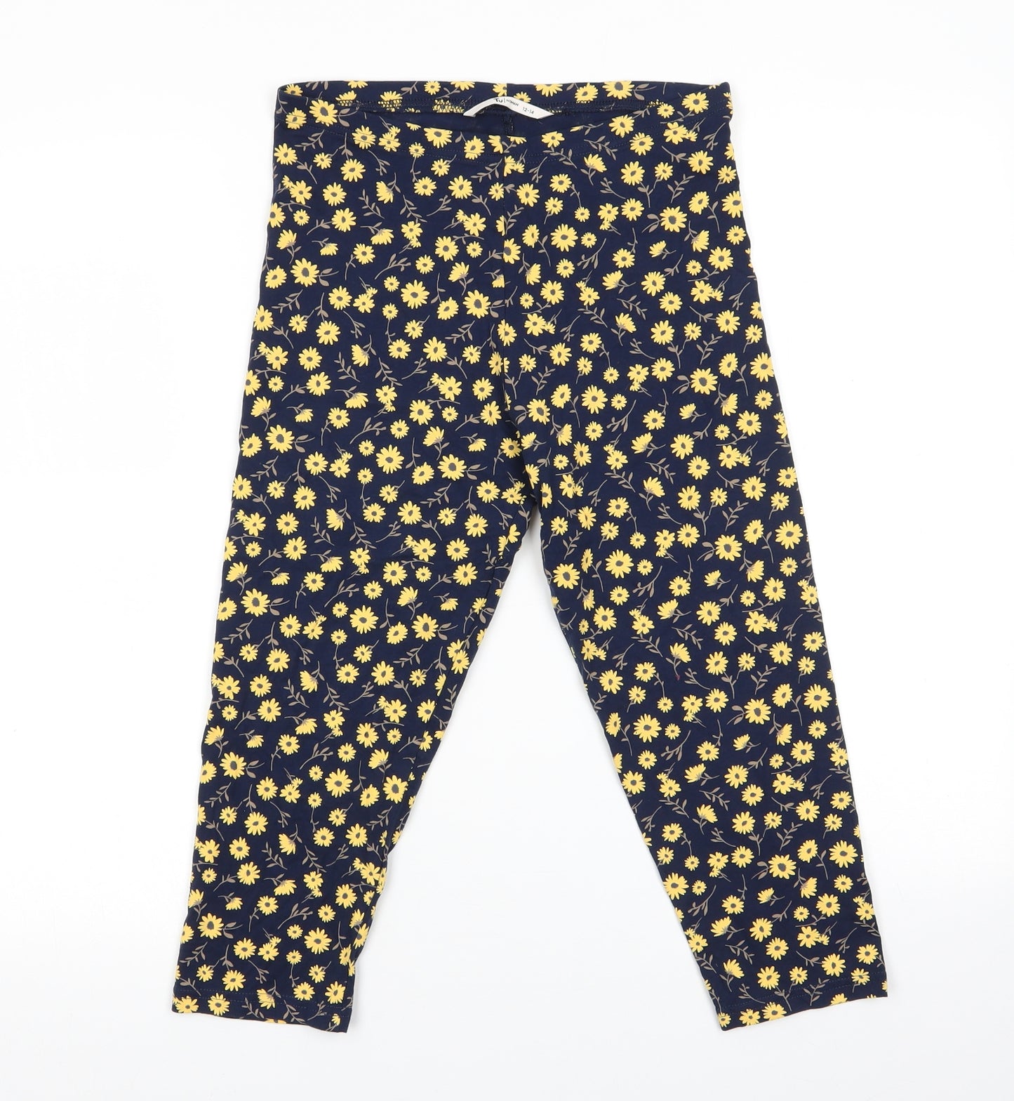 TU Womens Blue Floral Cotton Cropped Leggings Size 12    - Yellow Flowers