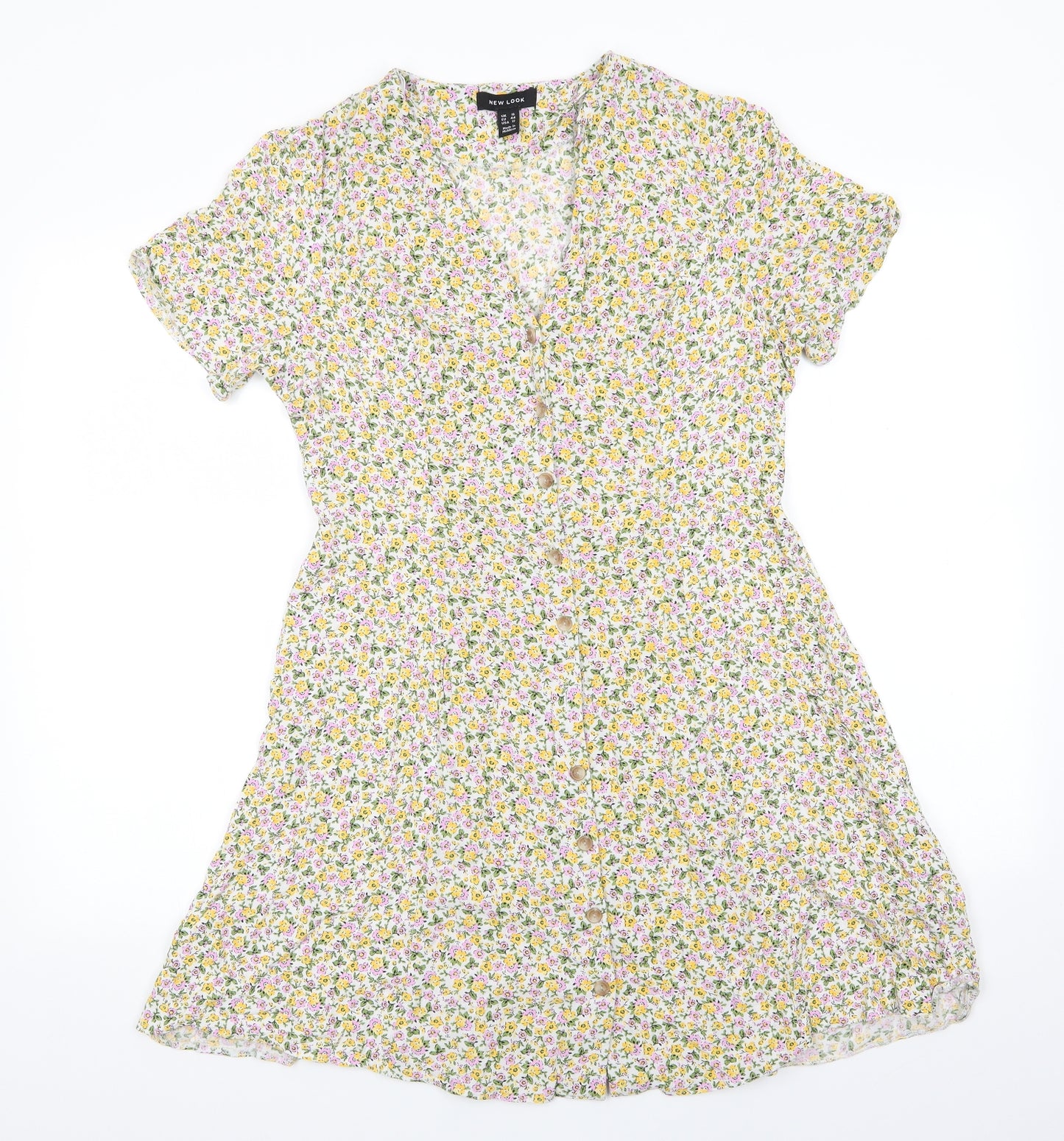 New Look Womens White Floral Viscose Fit & Flare  Size 16  V-Neck  - Yellow & Pink flowers