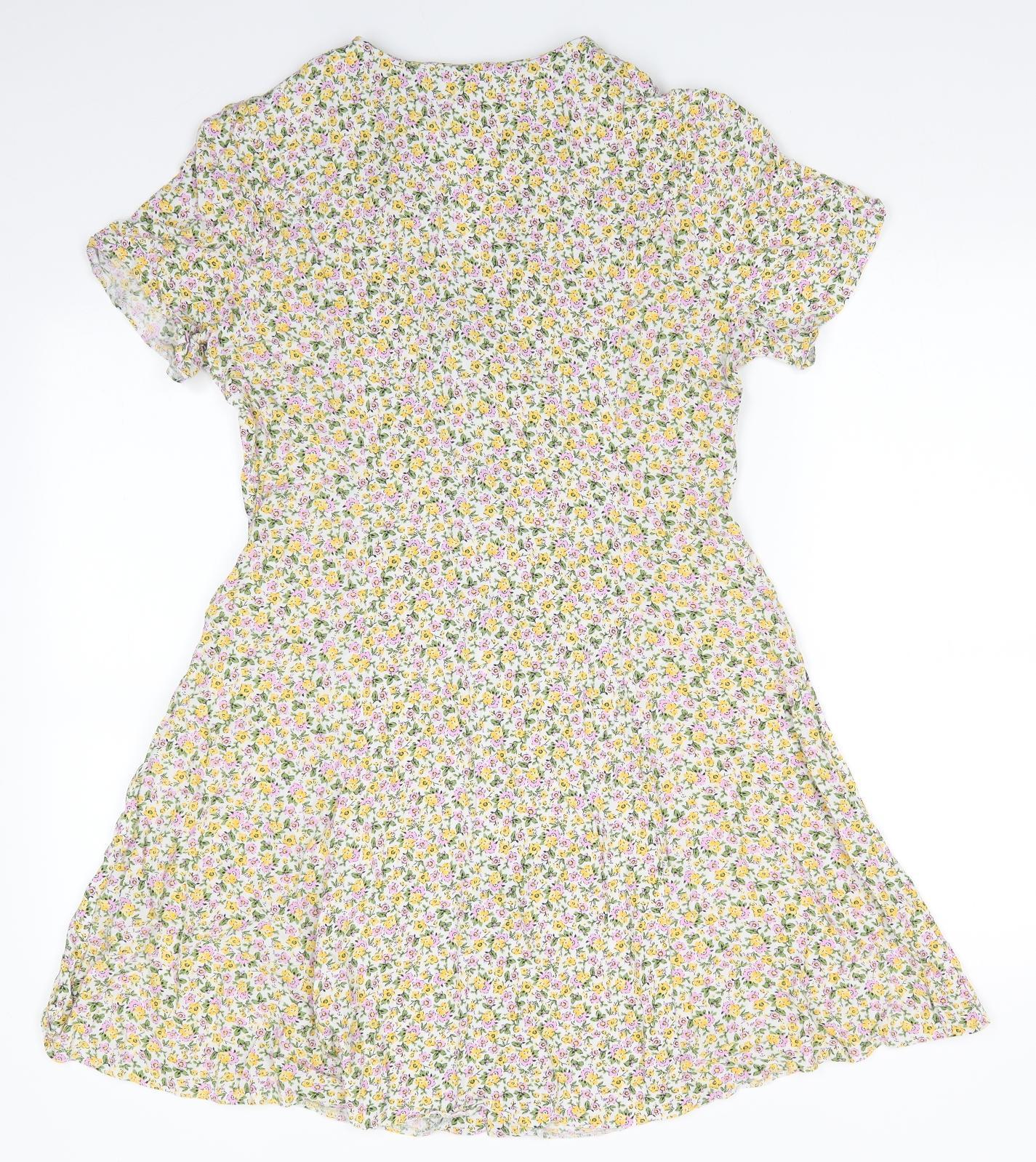 New Look Womens White Floral Viscose Fit & Flare  Size 16  V-Neck  - Yellow & Pink flowers