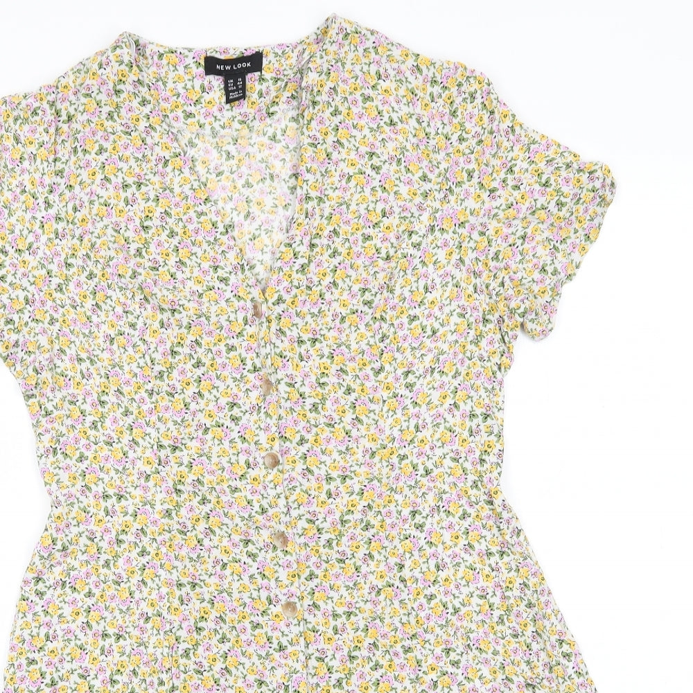 New Look Womens White Floral Viscose Fit & Flare  Size 16  V-Neck  - Yellow & Pink flowers